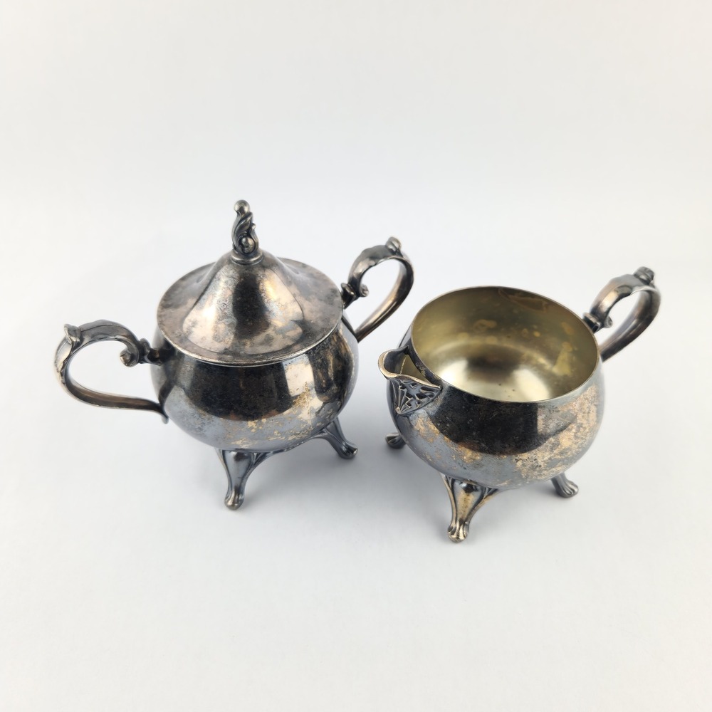 Vintage Silverplate Creamer & Covered Sugar Bowl Set Footed Ornate Handles